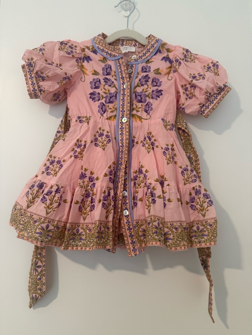Pink Floral Button-Front Puff-Sleeve Girls' Dress with Sash